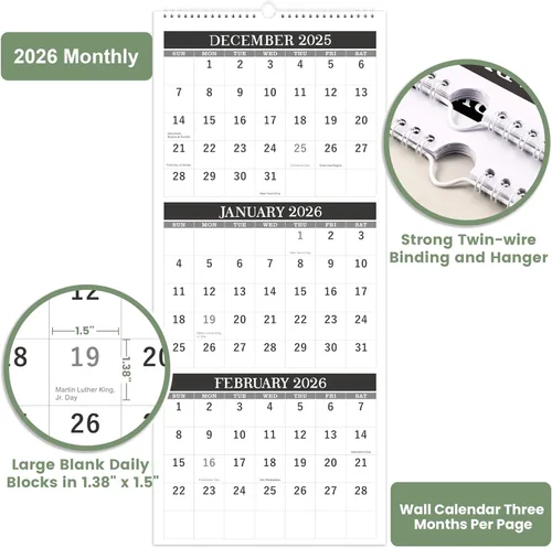 Vista 3 de Calendario de pared 2026, calendario de pared de 3 meses (plegado en un mes), enero de 2026 a diciembre de 2026, 11.25 x 26 pulgadas, calendario