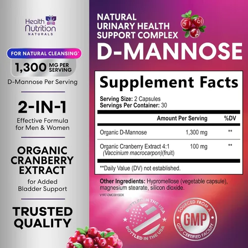 Vista 2 de Suplemento de D-manosa – 1,300 mg de manosa D orgánica por porción con extracto de arándano orgánico – Soporte urinario y vejiga natural de acción