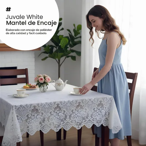 Vista 6 de Juvale Mantel de encaje blanco para mesas rectangulares de 60 x 120 pulgadas, elegante diseño floral vintage con bordes festoneados, poliéster