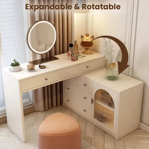 Vista 3 de Escritorio de tocador con espejo iluminado LED, mesa de maquillaje con cajón grande y gabinete, 3 modos de iluminación de brillo ajustable, tocador