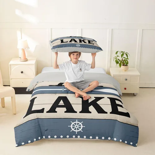 Vista 4 de Erosebridal Lake House Twin Bed Set for Boys Girls Kids, Blue and Beige Lakehouse 2Pcs Duvet Cover with Zipper, Rustic Farmhouse Bedding Sets