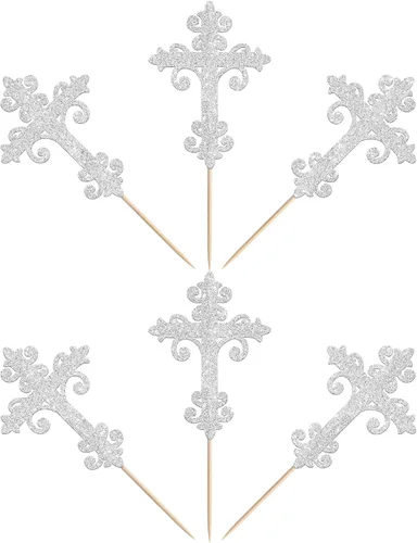 Vista 3 de 24 adornos cruzados para cupcakes con diseño de Dios bendiga y bautismo, para cupcakes de cruz, decoración de primera comunión para tartas