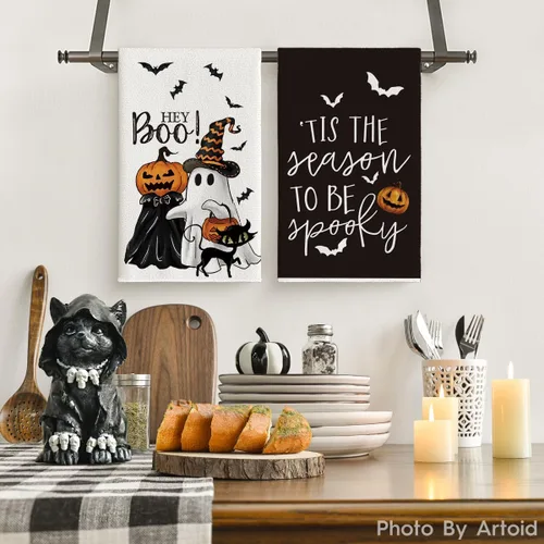 Vista 2 de Artoid Mode Juego de 2 toallas de cocina de Halloween, diseño de murciélagos y murciélagos fantasmas, 18 x 26 pulgadas, decoración de temporada