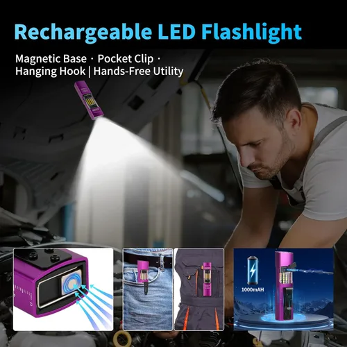 Vista 6 de Linterna EDC recargable de 365 nm con RGB, mini linterna LED magnética de 1500 lúmenes, linterna de bolsillo con memoria de modo para trabajar
