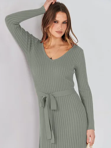 Vista 7 de ANRABESS Vestido tipo suéter de manga larga con cuello en V para mujer, plisado, ajustado, acanalado, de punto, con cinturón