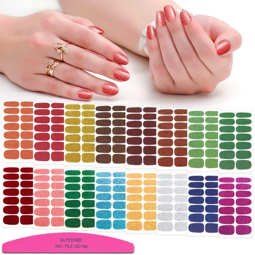Vista 16 de 224 piezas de 16 hojas de tiras de esmalte de uñas de color sólido, calcomanías adhesivas de uñas completas para mujeres, tiras de uñas de gel