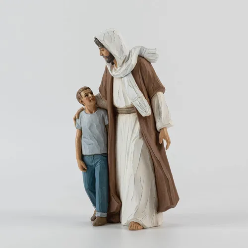 Vista 6 de Escultura de Jesucristo con niño, regalo de la primera comunión para niños, escultura pintada a mano, decoración moderna religiosa del hogar