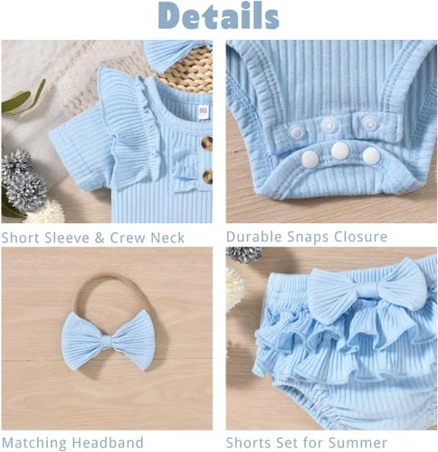 Vista 39 de Aalizzwell Body de manga corta para bebé niña con pantalones cortos acanalados