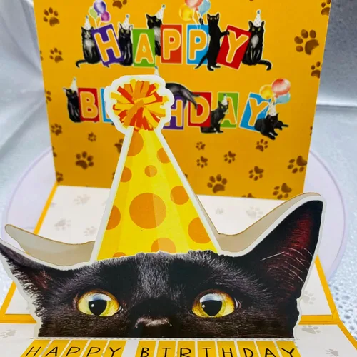 Vista 7 de Tarjeta de cumpleaños de gato negro, tarjeta desplegable 3D con sobre, tarjeta de felicitación de feliz cumpleaños para amantes de los gatos