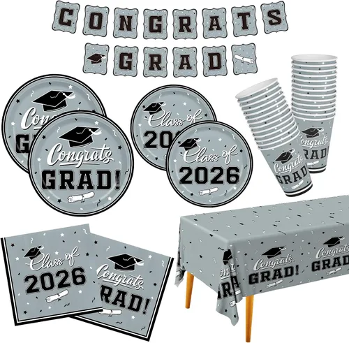 Vista 13 de Decoraciones de graduación de clase de 2026, juego de vajilla de fiesta de graduación de graduación negro y dorado, platos de papel desechables