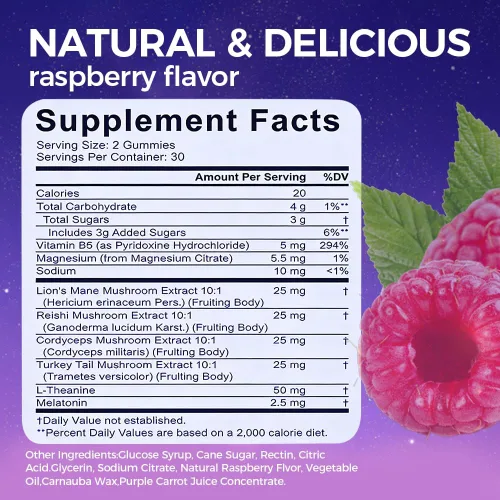 Vista 6 de DreamOn - Gomitas de optimización del sueño para adultos, con Reishi, Cordyceps, melena de león, cola de pavo, L-teanina, magnesio y 2.5 mg