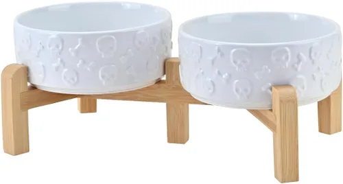 Vista 22 de SPUNKYJUNKY Cuencos elevados de cerámica para perros, 5.1 pulgadas, para comida de perros y gatos, cuencos elevados con soporte de bambú Verde oscuro