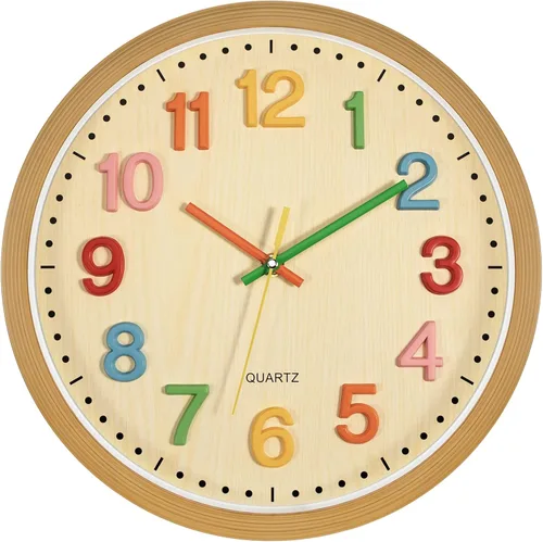 Vista 10 de Foxtop Silent Kids - Reloj de pared de aprendizaje de 12 pulgadas, sin tictac, funciona con pilas, colorido reloj para niños