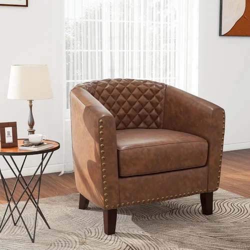 Vista 23 de Pia Ricco Silla de Acento Tipo Barril de Cuero Sintético, Silla de Club Moderna con Brazos, Cómoda Silla Individual Tapizada con Patas de Madera