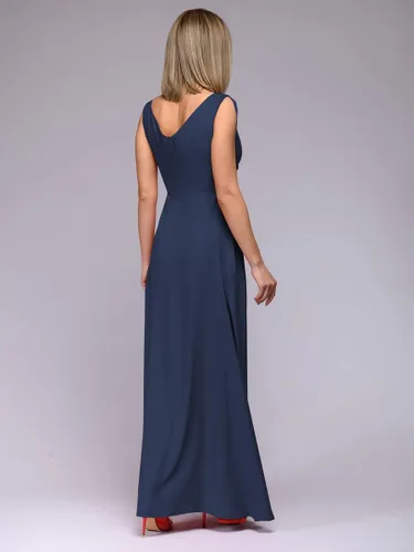 Vista 4 de Vestido largo de manga corta con cuello en V profundo para mujer, plisado, cintura alta, abertura, club, fiesta, noche, vestido largo, Corteza azul