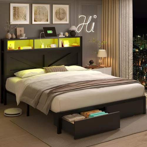 Vista 4 de Marco de cama matrimonial con cabecera y cajones de almacenamiento, color Luces LED y estación de carga, plataforma de metal, no necesita somier