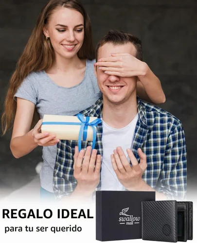 Vista 7 de Swallowmall AirTag Billetera para hombre con bloqueo RFID, de piel auténtica, plegable, para AirTag con 1 ventana de identificación, 13 tarjeteros