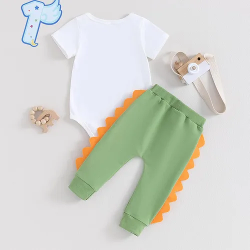 Vista 7 de Ropa de verano para bebé y niño, mameluco y pantalones de dinosaurio, 2 piezas, traje de primer cumpleaños