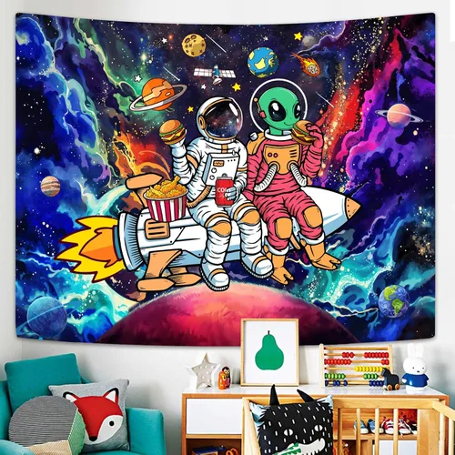 Vista 3 de Accnicc Divertido tapiz de astronauta espacial alienígena para dormitorio, estético, cohete, universo, galaxia, planetas, tapices para colgar