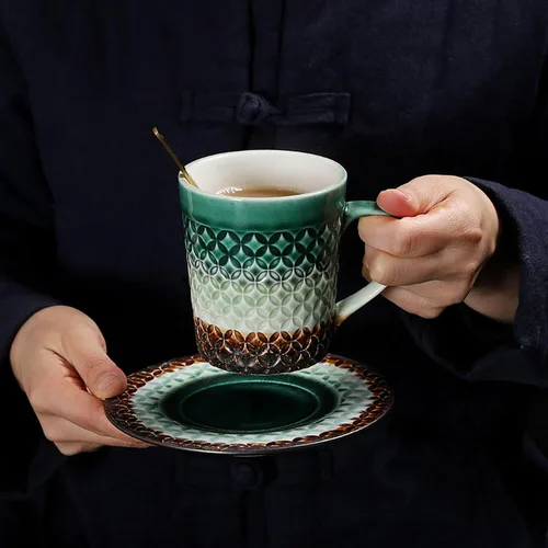 Vista 3 de CAPIJIONG 6.8 fl oz/6.67oz Vintage Cerámica Horno Taza de Café Set Creativo Simple Taza de Leche para Oficina Hogar Restaurante Café-Azul Esmalte