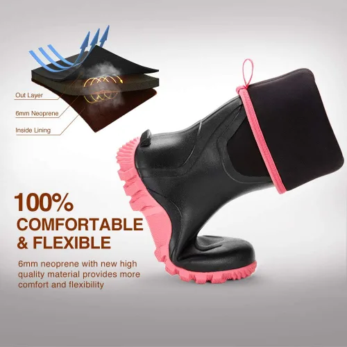 Vista 5 de TIDEWE Botas de goma para mujer con vástago de acero, botas de lluvia Negro Rosa