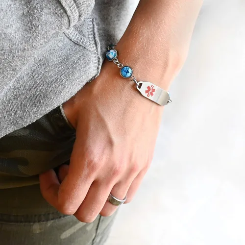 Vista 2 de My Identity Doctor Medical Alert Bracelet for Women with Free Engraving, Blue Glass Stainless Steel Personalized Medic ID Custom Sized Chain - Star