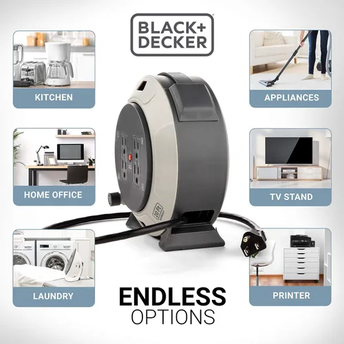 Vista 4 de BLACK+DECKER Carrete de Cable de Extensión Retráctil de 20 Pies con 4 Tomas, Extensión Multi-Enchufe, Botón de Reinicio del Disyuntor Térmico