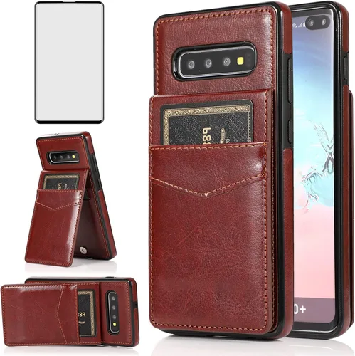 Vista 9 de Funda de teléfono para Samsung Galaxy S10 con protector de pantalla de vidrio templado y tarjetero para tarjetas de crédito, soporte de cuero Negro