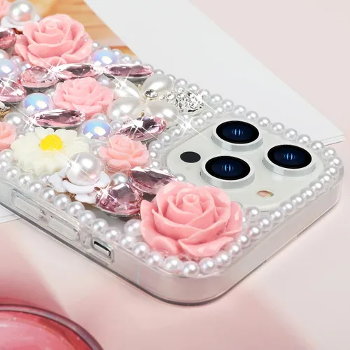 Vista 4 de Compatible con iPhone 15 Pro Max Bling Case con correa, de lujo con diamantes de imitación de diamantes de imitación brillantes, pulseras florales