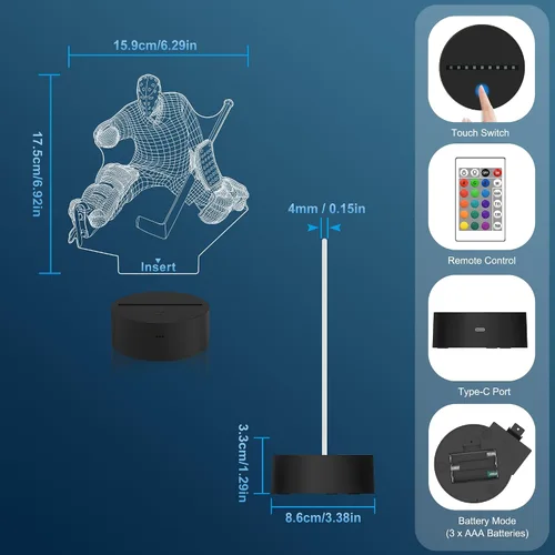 Vista 7 de 3D Ice Hockey Illusion Lamp, Attivolife Hockey Player Optical LED Night Light 16 Colors Changing with Timer Remote Control, Bedroom Home Decor Cool