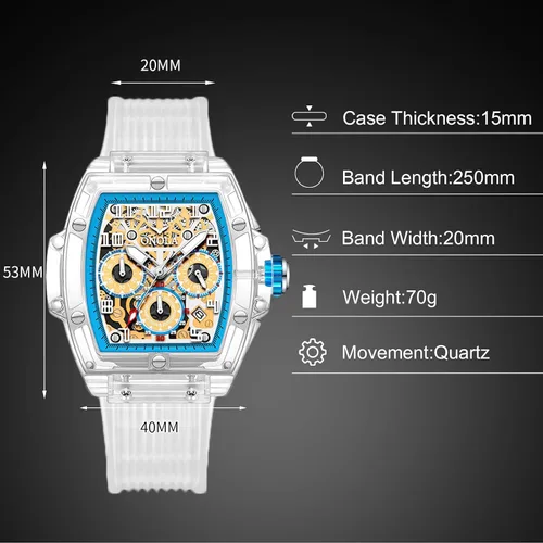Vista 5 de RORIOS Reloj analógico de cuarzo para hombre, reloj de pulsera Tonneau transparente, multifuncional, a la moda, impermeable, cronógrafo, correa