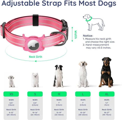 Vista 5 de Collar para perro Airtag con código QR, collar reflectante con soporte para Airtag, acolchado suave y hebilla de bloqueo de seguridad, collar Rosa