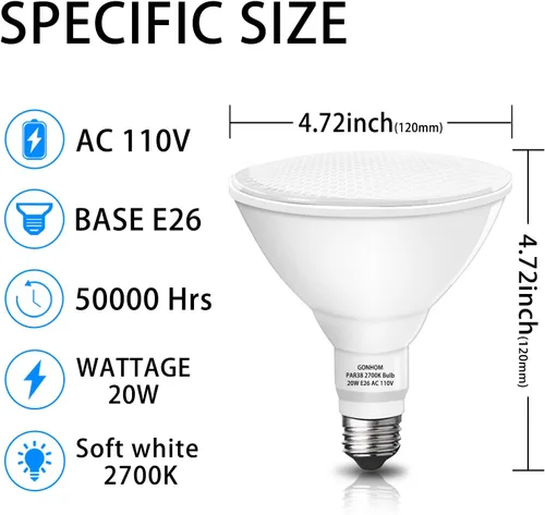 Vista 4 de Gonhom Par38 Bombillas LED de Inundación para Exteriores, Regulables 1800LM, 20W Reemplaza hasta 200W, Bombillas de Inundación para Exteriores