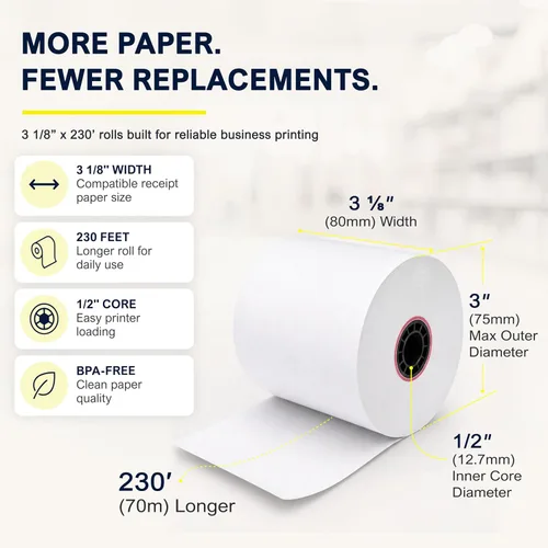 Vista 3 de Rollo de papel para recibos 3 1/8 x 230 para Square Register y sistema Square POS conectado a la impresora térmica Star Micronics