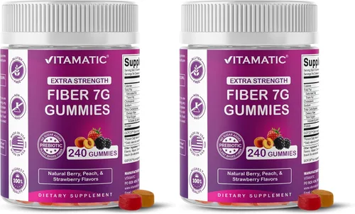 Vista 10 de Vitamatic Gomitas de fibra prebiótica para adultos, 7G de fuerza extra, sin azúcar añadida, 240 gomitas a base de pectina, apoyo para la salud