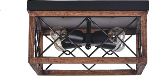 Vista 5 de TFCFL Retro Industrial Style Ceiling Light,Square Wrought Iron Ceiling Lamp with Wooden Lampshade,4-Light Flush Mount Ceiling Lights Fixtures for