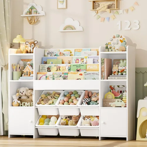 Vista 11 de FINETONES Organizador de almacenamiento de juguetes con 6 cubos de juguetes, organizador de juguetes para niños con 6 cubículos, organizadores