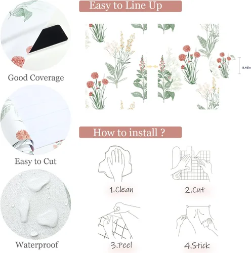 Vista 4 de Orainege Papel tapiz floral para despegar y pegar, papel de contacto bohemio de 16.9 x 118.1 pulgadas, papel de pared autoadhesivo extraíble