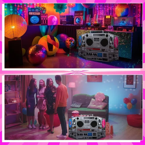 Vista 6 de DoubleFill 3 pies retro 70s 80s 90s fiesta temática discoteca decoración boom box cartón stand up recorte boom box hip hop tema stand up foto prop