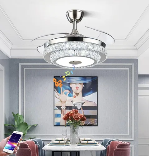 Vista 6 de Fandian Ventilador de techo de cristal moderno de 42 pulgadas con luces de control remoto, lámpara retráctil inteligente, lámpara Bluetooth