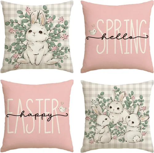 Vista 8 de AVOIN colorlife Happy Easter Buffalo - Funda de cojín de conejo a cuadros, 16 x 16 pulgadas, diseño de hojas de eucalipto, Hello Spring, para sofá