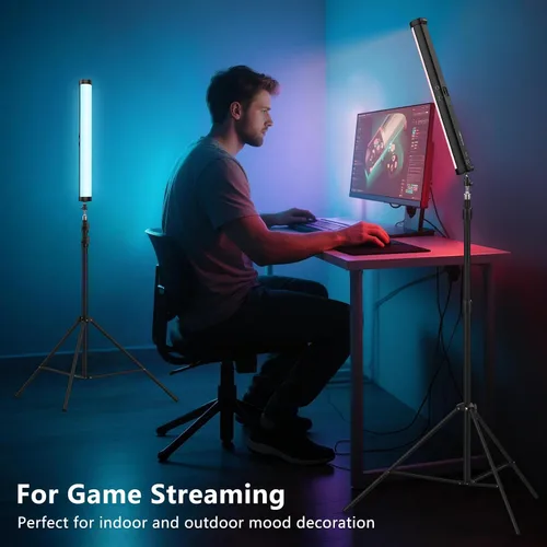 Vista 8 de Varita de luz LED RGB con soporte, QEUOOIY 360° a todo color 2500-9500K iluminación portátil de fotografía de estudio, batería recargable de 5000