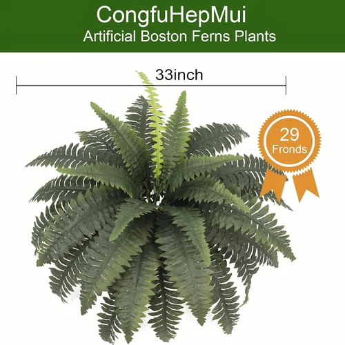 Vista 6 de Helechos artificiales para exteriores e interiores de 33 pulgadas de extensión, 2 tallos grandes, helecho Boston falso, plantas artificiales de seda