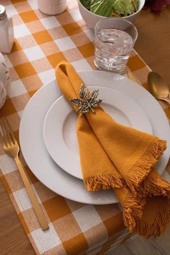 Vista 4 de DII - Colección de mesa con flecos pesados y cuadros, camino de mesa, 14x72 pulgadas, calabaza y especias Naranja