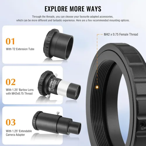 Vista 6 de Alstar - Adaptador de fotos para telescopio Minolta AF y Sony A Mount DSLR, adaptador de cámara para telescopio de montaje en T, incluye anillo T T2