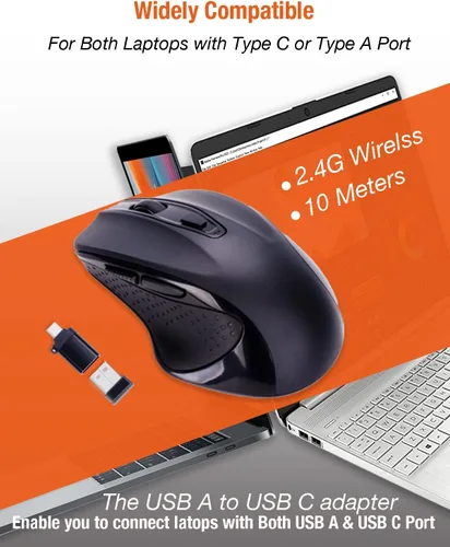 Vista 2 de Ratón inalámbrico USB C, ergonómico de gran tamaño, recargable para juegos y oficina con 4 ajustes de DPI de nivel, 6 botones, para MacBook Pro
