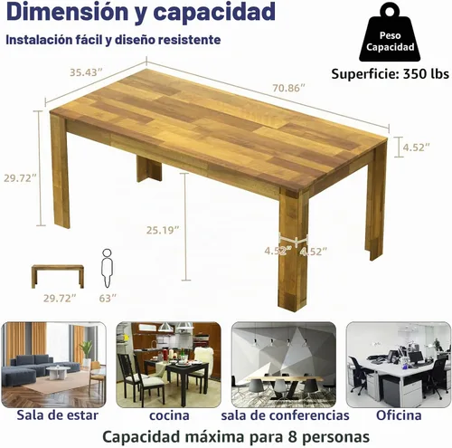 Vista 2 de 71" Kitchen Dining Table for 6-8, Farmhouse Wood Rectangular Dinner Table