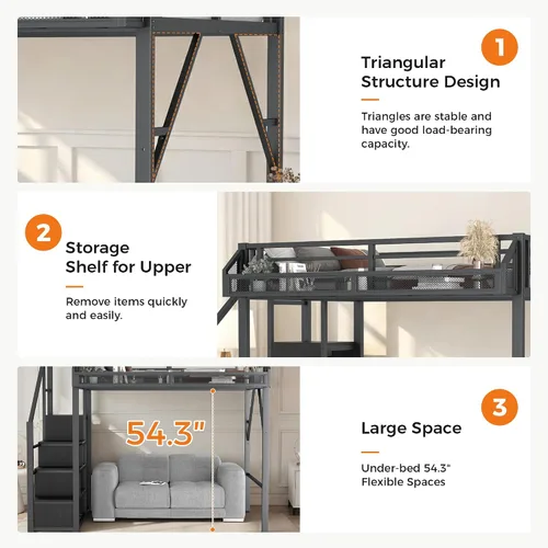 Vista 5 de Cama tipo loft de tamaño matrimonial con escaleras de almacenamiento integradas, armario, marco de cama alta de metal con barandilla lateral