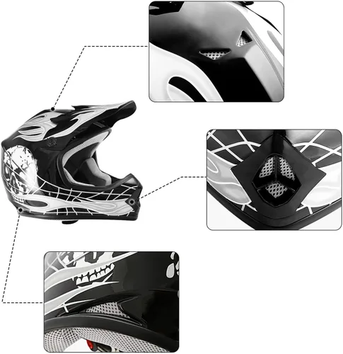 Vista 4 de TCMT Casco de motocross para niños y jóvenes, color negro, casco de motocross, motocross, moto de calle, karting, BMX, MX, ATV, casco de cara