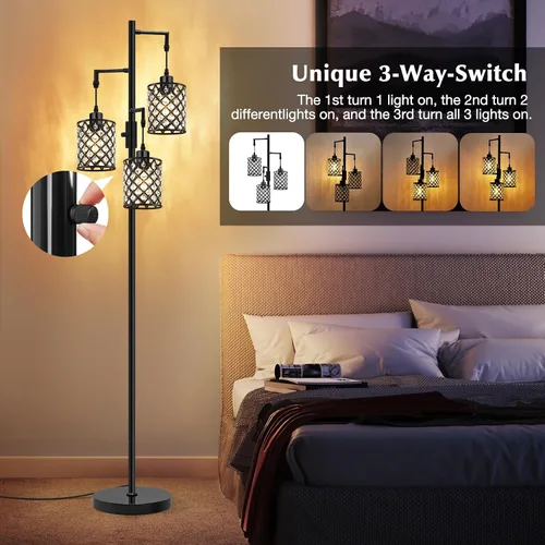 Vista 2 de Lámparas de pie de cristal GyroVu para sala de estar, lámpara de pie negra de 3 luces, lámpara alta de pie con elegante pantalla de cristal K9